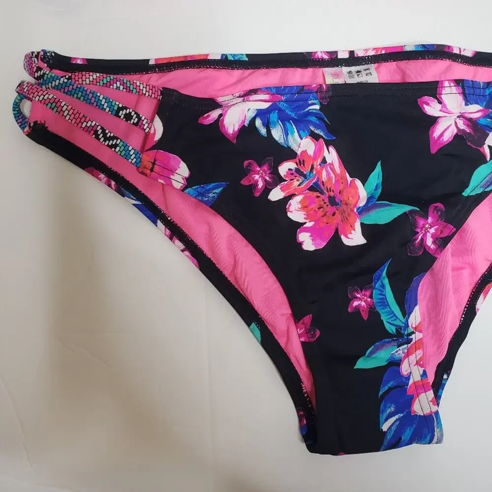 NWT Sundaze harper 2pc black pink multi floral bikini swimsuit 32 B/C LG large